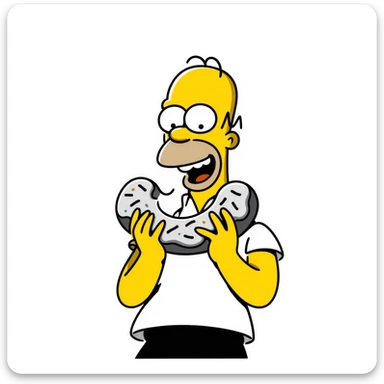 Homer Simpson hand-drawn doodle style, yellow skin, bald head with two hairs, white shirt, blue pants, eating a donut sticker