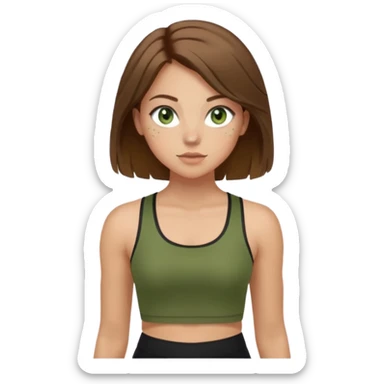 Girl with green eyes, brown hair shoulder length, light skin, and freckles wearing an olive green crop top with black leggings working out, she has light gorgeous lashes sticker