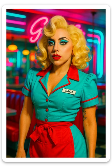 Lady Gaga in the Telephone video, retro diner waitress uniform, platinum blonde hair, glamorous pop style sticker