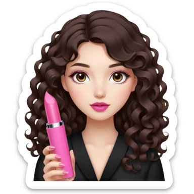 A girl with long dark brown hair styled in loose 36mm curls, beautiful round-almond eyes with long curled lashes in Douyin style. Her makeup is cool-tone neutral. She’s holding a pink lipstick similar to Rhode’s shade in one hand. sticker