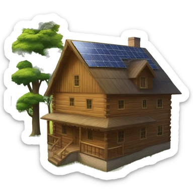Very big Wood Cabin near tree, 5 stories tall solar, grass fields sticker