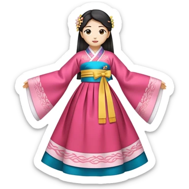 Cinematic Realistic Hanbok Emoji, depicted as a graceful intricately designed traditional Korean dress with vibrant colors and flowing lines, rendered with delicate textures and soft cultural lighting that captures its timeless elegance. sticker