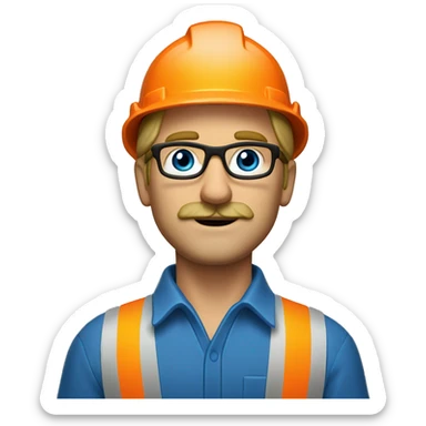 dirty blonde man, thin face, no beard but with mustache, blue/green eyes, glasses, wearing white hard hat that says ”gmc” in orange letters, orange safety vest, blue shirt sticker