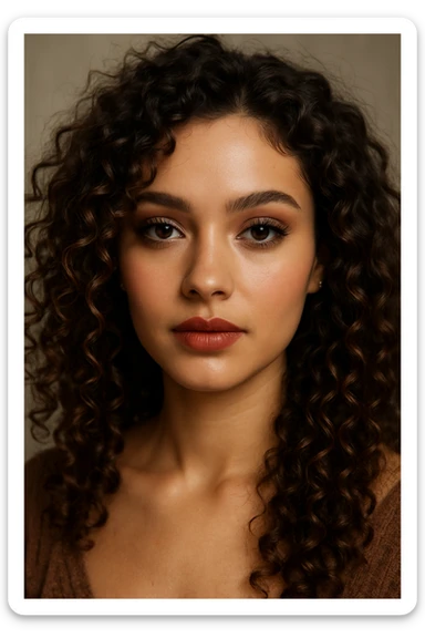 a pretty girl with curly brown hair, brown eyes, and makeup, detailed, beautiful face sticker