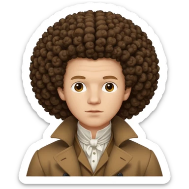pale man, 1700s, white shirt brown coat, big afro curly hair, not too animated, no jewelry sticker