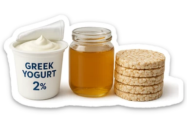 Yogurt Greco 2%
Miele (senza il cucchiaio di legno)
Gallette di Riso
vista frontale, iperrealistico 4k sticker