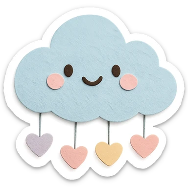soft pastel puffy cloud holding tiny pastel hearts, no arms, no legs, full body, soft pastel kawaii paper craft style sticker