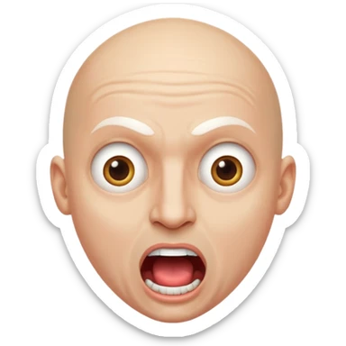 Cabaret portrait of a bald man with a whitened face and made-up eyes and mouth, a huge, wide-open mouth and a startled look sticker