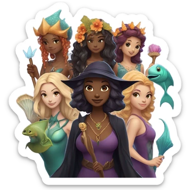 A group of friends, consisting of a female witch, a female wizard, a merman, a female fairy, and a female siren sticker