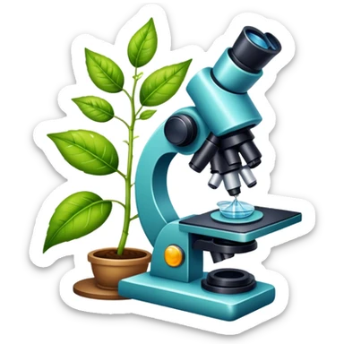 An icon featuring a microscope, a DNA strand, and a plant, symbolizing biology. The design includes animal cells, a leaf, and scientific formulas, representing the study of living organisms and ecosystems. Transparent background highlights biological research and discovery. sticker