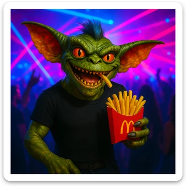 Change the gremlin's see-through top to black, keep the techno party and McDonald's fries theme. sticker