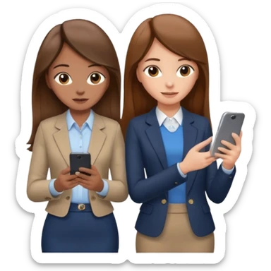 two brown haired girls, looking professional maybe leaned on each others back and looking forward and using phones, with long hair and one girl can hold lap top another one can hold the phone, professional clothes, more stylish sticker