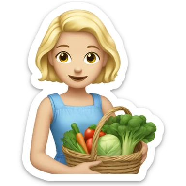 Girl with blonde hair and blue eyes wearing a sleeveless sundress and carrying two baskets of vegetables and greens sticker
