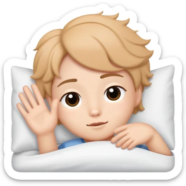 A cute character named Boksil waving gently while lying down in bed with eyes closing, looking sleepy sticker