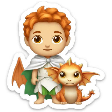 fée rousse avec une cape verte portant un bébé dragon blanc sticker