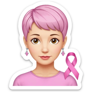 Mature Woman with pixiecut wearing earrings of pink ribbons sticker