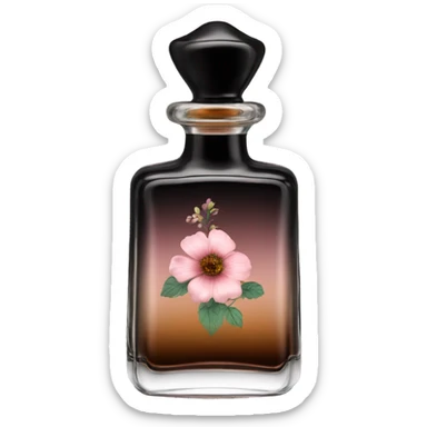 English vintage glass perfume bottle from my aristocratic grandmother, exquisite bottle shape, old and shabby, with label, stylish and minimalistic, black and brown with pink gradient, with little herbal and flowers  sticker