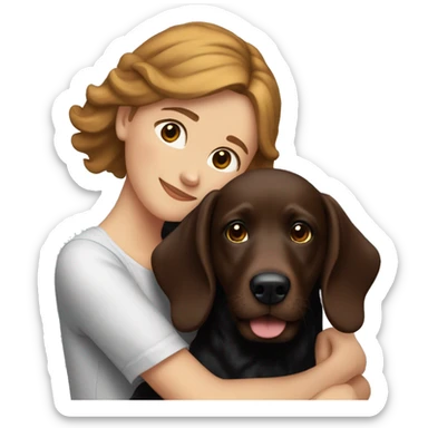 White girl with brown hair hugging a black wiener dog and a red golden retriever sticker