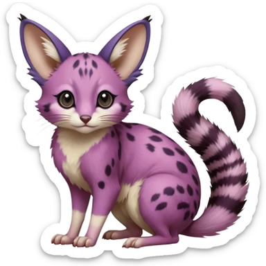 Magenta, purple-pointed, soft realistic romantic vintage antique divine beautiful elegant pretty precious cute young youthful  Fakémon-Pokémon-opossum-feline-mouse-serval-caracal-chinchilla-Minccino-Cinccino-Meowstic-rodent-hybrid-creature with a big fluffy bushy tail (full body) sticker