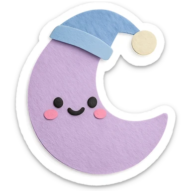 adorable pastel purple crescent moon, wearing a sleeping cap, no arms or legs, full body, kawaii paper craft style sticker