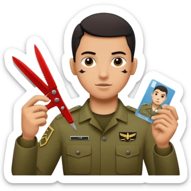 Floating black Scissors cutting in half an idf soldier ID card with a little chip in 2 parts .hyper realistic sticker