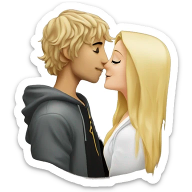 Pippin-hobbit wearing hoodie passionately kissing pretty blonde woman with black top sticker