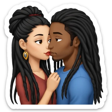 Latina Woman with long hair kissing a young black guy with dreads no beard sticker
