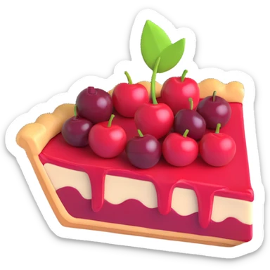 Create a 3D emoji style slice of cherry pie with glossy cherries on top, matching the shape and details of the reference image. No plate, fork, or background. No text or watermark. sticker