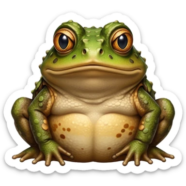 Cinematic Noble Toad Portrait Emoji, Poised and earthy, with a stout, robust build covered in textured, warty skin in warm, natural tones and deep, observant eyes, Simplified yet sharp and sophisticated features, highly detailed, glowing with a soft, natural mossy glow, high shine, intelligent and grounded, stylized with an air of rustic authority, focused and steady, soft glowing outline, capturing the essence of a watchful amphibian guardian that appears ready to leap out of the screen with effortless command! sticker