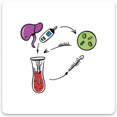 Anatomical diagram of anti-diabetic mechanism: purple pancreas releasing blue insulin molecules, red blood vessels with yellow glucose particles, green cell receptors accepting insulin. Hand-drawn illustration showing glucose regulation with arrows indicating reduced blood sugar levels. sticker