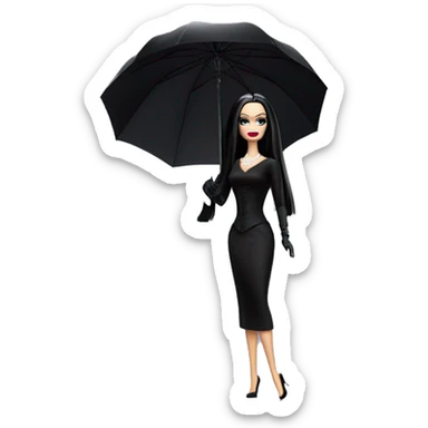 Stunning in the Spotlight Barbie, teen Morticia Addams,showing off, show full body,accessories  gloves funeral veil over face umbrella  sticker