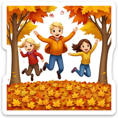 kids jumping into piles of autumn leaves, joyful expressions, colorful fall scene sticker