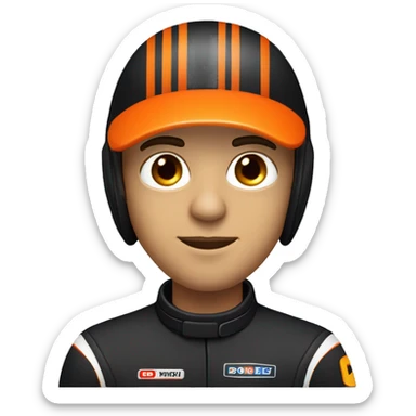 Head and shoulders of a race car driver wearing a black suit with orange stripes and a black helmet with an orange design and a closed visor sticker