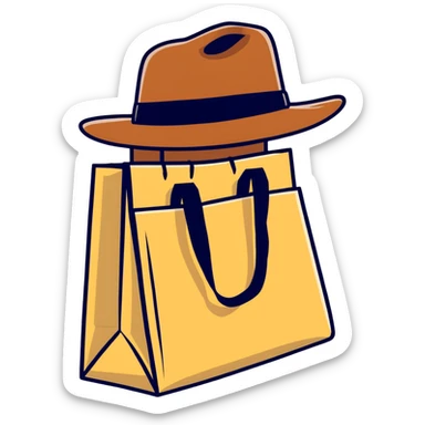 shopping bag with an Indiana Jones hat on top sticker