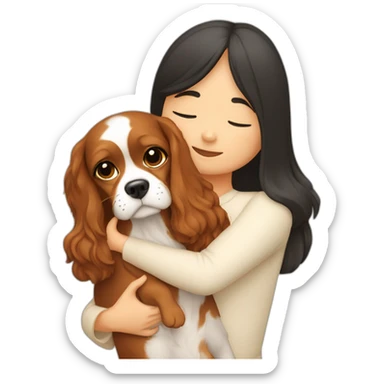 asian girl hugging two cavalier king charles spaniel  sticker