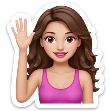 girl with long wavy brown hair, brown eyes, long lashes makeup, sexy pink lips, light to medium complexion, wearing a pink sexy top, one hand in the air high sticker