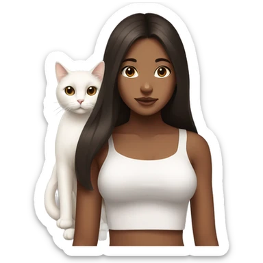 Tan girl with dark brown long hair holding a white cat with a croptop sticker