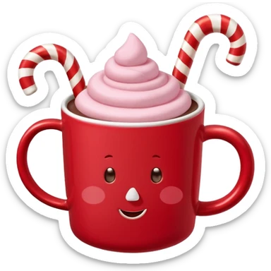 hot chocolete with pastel pink marshmallows in red christmas mug and candy cane sticker