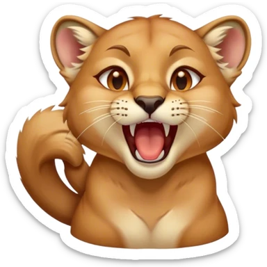 Cinematic Cute Yawning Cougar Portrait Emoji, Head tilted slightly with a dramatic, wide-open yawn, showcasing a soft, sleek tawny Fur with gently drooping ears, round amber eyes barely open in drowsy contentment, Simplified yet irresistibly adorable features, highly detailed, glowing with a soft, cozy glow, high shine, relaxed yet expressive, stylized with a touch of wild whimsy, bright and endearing, soft glowing outline, capturing the essence of a sleepy yet affectionate cougar, so drowsy it feels like it could stretch out of the screen and curl up for a nap! sticker