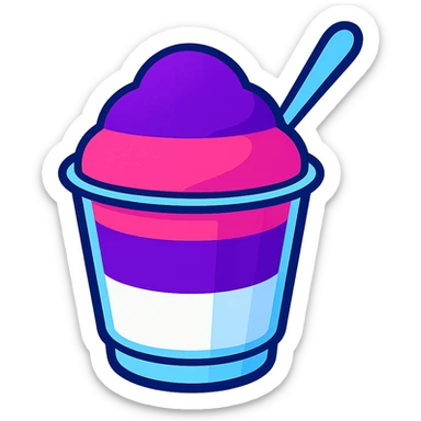 Italian ice with three distinct stripes: purple, pink, and white, in a transparent cup, with a spoon sticker