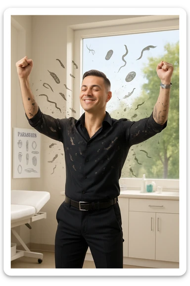 a man stands in uno studio clinico, arms raised in relief and joy, while faint, shadowy silhouettes of parasites fall away from his body and dissolve into the air. His posture is upright and energetic, his expression serene and healthy. The background features green trees and a clear sky, emphasizing liberation and restored well-being. sticker