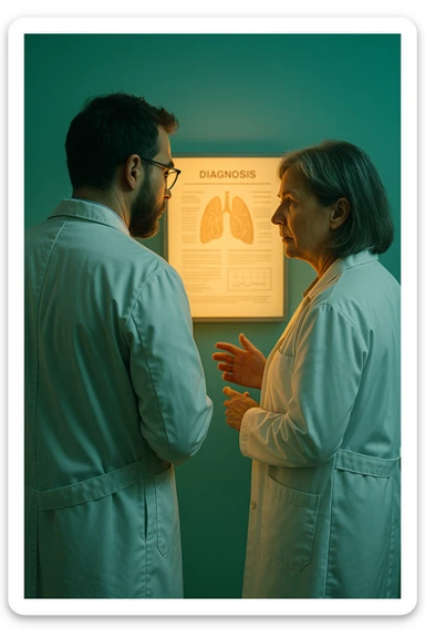 Realistic, detailed photo taken from behind of two doctors—a bearded man and a middle-aged woman—standing and facing each other as they discuss a diagnosis in front of a medical chart. The scene is illuminated by a yellowish, orange, warm light that softly envelops the doctors. The entire room is bathed in a single green-blue color, creating a cohesive and modern atmosphere. Both doctors wear white coats, and their body language suggests a serious, professional conversation. Shot with a Canon EOS R5, with high detail and natural depth of field. sticker