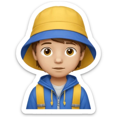 Little student, brown hair boy, wears blue bucket hat and jacket, yellow backpack, shy sticker