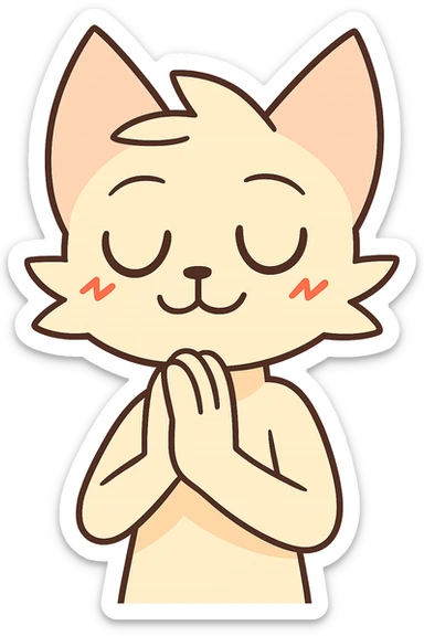Edit the character in the reference image to be praying with eyes closed and smiling, using 2D flat colors style, and remove the background to be transparent or no background. sticker