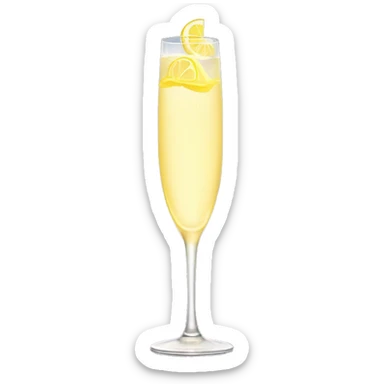 A tall skinny champagne glass with a pale yellow bubbly liquid and lemon swirl garnish  sticker