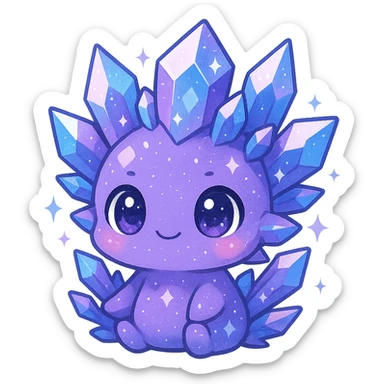 kawaii chibi crystal sprite creature, mostly purple with blue and pink accents, big eyes, sparkly, chibi proportions, cute face sticker