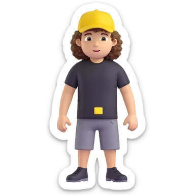 create a character, cute guy, curly, in a black t-shirt and a yellow cap, in 3d sticker