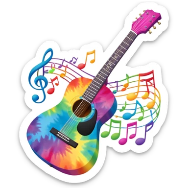 Tie-dye guitar with music notes around it sticker