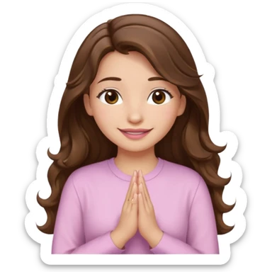 girl with wavy long brown hair, brown eyes, light to medium complexion, long lashes, light pink lipstick, praying, smiling, wearing light pink shirt sticker