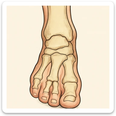 Anatomical illustration of a pronated foot, detailed bones and soft tissue, medical style, neutral background, front view, inspired by the reference image. sticker